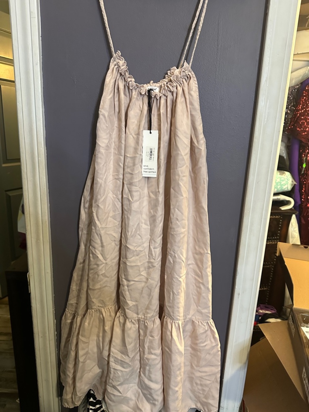 Midi Ruffle-Trim Slip Dress in Pale Blush